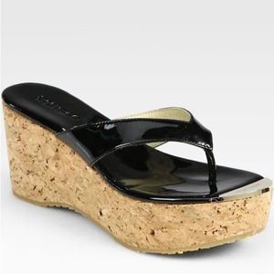 Jimmy Choo black patent leather cork wedge sandals